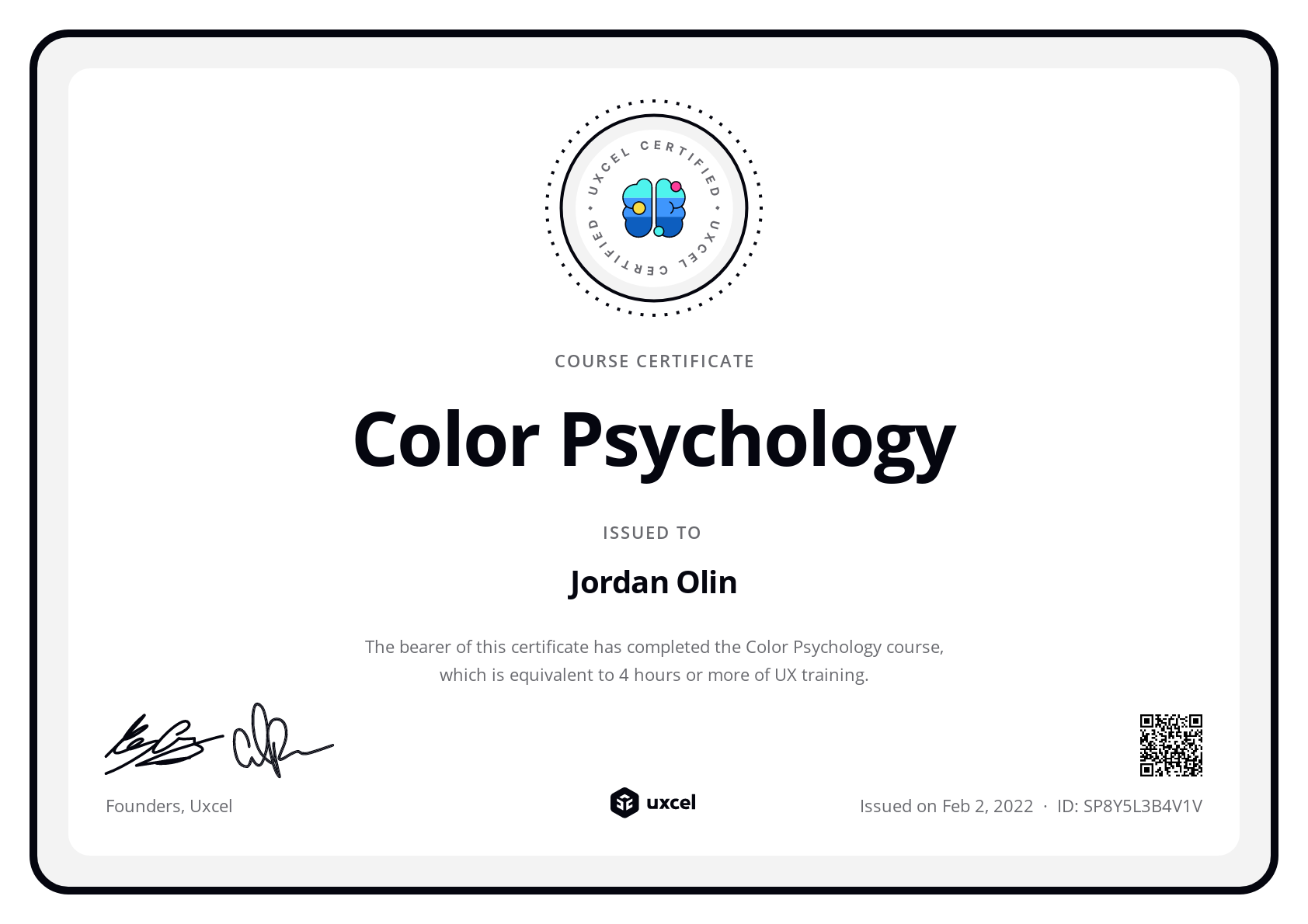 Jordan Olin's certificate